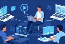 Uma ilustração estilizada mostrando diversas pessoas conectadas por linhas digitais em um fundo azul, simbolizando o networking profissional no LinkedIn.