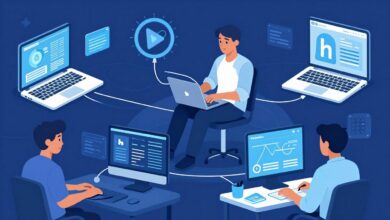 Uma ilustração estilizada mostrando diversas pessoas conectadas por linhas digitais em um fundo azul, simbolizando o networking profissional no LinkedIn.