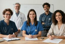 Um mosaico de profissionais de diversas áreas, como um programador, uma enfermeira e um analista de dados, sorrindo e representando as profissões com alta empregabilidade.