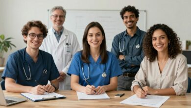 Um mosaico de profissionais de diversas áreas, como um programador, uma enfermeira e um analista de dados, sorrindo e representando as profissões com alta empregabilidade.