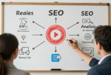 Uma pessoa estrategista planejando a presença digital de uma marca em um quadro branco, com ícones de redes sociais, SEO e análise de dados ao redor.