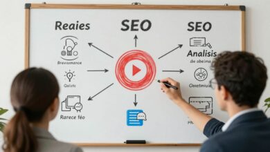 Uma pessoa estrategista planejando a presença digital de uma marca em um quadro branco, com ícones de redes sociais, SEO e análise de dados ao redor.
