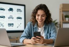 Uma pessoa sorrindo enquanto usa um smartphone para gerenciar seu trabalho por aplicativo, com ícones de diferentes serviços como carros, pacotes e ferramentas flutuando ao redor.