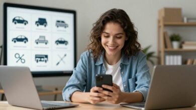 Uma pessoa sorrindo enquanto usa um smartphone para gerenciar seu trabalho por aplicativo, com ícones de diferentes serviços como carros, pacotes e ferramentas flutuando ao redor.