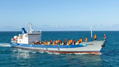 Um grande navio de cruzeiro navegando em águas azuis cristalinas ao pôr do sol, simbolizando a aventura e a carreira do trabalho em navios.