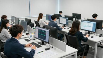 Um profissional analisando gráficos e diagramas de dados complexos em várias telas de computador, simbolizando uma carreira em análise de dados em rápido crescimento.