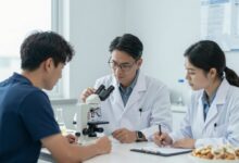 Uma colagem de imagens representando diversas profissões da saúde, como um fisioterapeuta ajudando um paciente, um cientista olhando em um microscópio e um nutricionista com alimentos saudáveis, com um filtro azulado e moderno.