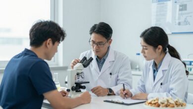 Uma colagem de imagens representando diversas profissões da saúde, como um fisioterapeuta ajudando um paciente, um cientista olhando em um microscópio e um nutricionista com alimentos saudáveis, com um filtro azulado e moderno.