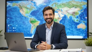Um profissional sorridente em um escritório moderno e globalizado, com um mapa-múndi digital ao fundo, simbolizando uma carreira internacional.