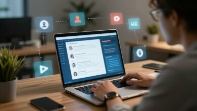 Um profissional de marketing digital trabalhando em um laptop, com gráficos e ícones de mídias sociais flutuando ao redor, em um ambiente de escritório moderno e iluminado.
