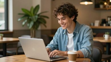 Um jovem sorrindo enquanto trabalha em um laptop em um café aconchegante, com uma planta ao lado, simbolizando um trabalho de férias flexível e moderno.