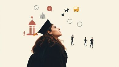 Uma pessoa em uma encruzilhada de caminhos de carreira, com um caminho levando a uma universidade e outros a diferentes profissões e habilidades práticas.