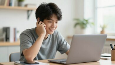 Um jovem estudante sorrindo, sentado em um café com um laptop, equilibrando trabalho e lazer durante as férias.