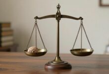 Uma balança da justiça em uma mesa de madeira, com um cérebro estilizado em um dos pratos e livros de direito no outro, simbolizando a intersecção entre psicologia e lei.