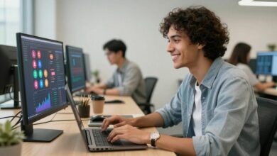 Uma pessoa sorrindo enquanto trabalha em um notebook com gráficos de redes sociais na tela, em um ambiente de escritório moderno e iluminado.