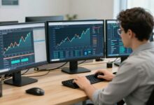 Uma pessoa sentada em uma mesa com vários monitores exibindo gráficos e dados, simbolizando a natureza analítica e estratégica de uma carreira em SEO.