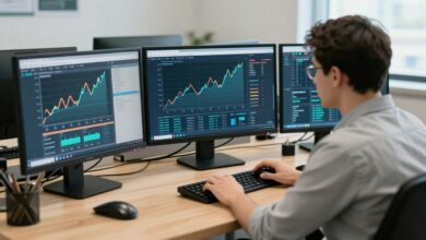 Uma pessoa sentada em uma mesa com vários monitores exibindo gráficos e dados, simbolizando a natureza analítica e estratégica de uma carreira em SEO.