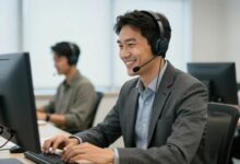 Um profissional de atendimento ao cliente sorrindo, usando um headset em um escritório moderno, simbolizando excelência e sucesso na carreira.