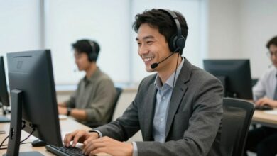 Um profissional de atendimento ao cliente sorrindo, usando um headset em um escritório moderno, simbolizando excelência e sucesso na carreira.