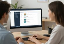 Uma pessoa sorrindo enquanto trabalha em um laptop, com ícones de educação e tecnologia flutuando ao redor, simbolizando uma carreira em educação online.