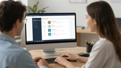 Uma pessoa sorrindo enquanto trabalha em um laptop, com ícones de educação e tecnologia flutuando ao redor, simbolizando uma carreira em educação online.