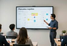 Um gerente de projetos em um escritório moderno, analisando um quadro com post-its coloridos que representam o planejamento de um projeto, simbolizando organização e liderança.