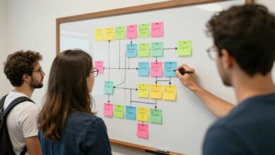Uma pessoa planejando um roadmap de produto em um quadro branco com post-its coloridos, simbolizando a carreira em produtos digitais.