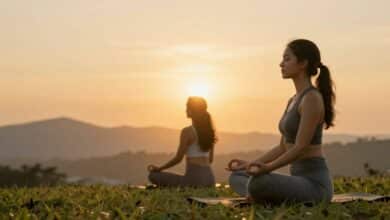 Uma imagem serena que representa uma vida equilibrada, talvez com elementos da natureza, uma pessoa meditando ao nascer do sol e símbolos de saúde e foco.