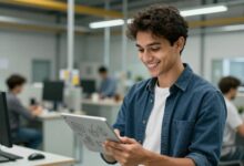 Um jovem profissional, segurando um tablet com desenhos técnicos, sorri com confiança em um ambiente industrial moderno, simbolizando o sucesso de uma carreira técnica.