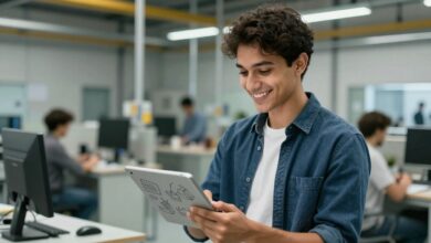 Um jovem profissional, segurando um tablet com desenhos técnicos, sorri com confiança em um ambiente industrial moderno, simbolizando o sucesso de uma carreira técnica.