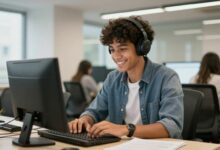 Um jovem profissional sorrindo, em um ambiente de escritório moderno, simbolizando o sucesso em uma carreira que não exigiu diploma universitário.