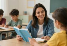 Uma professora sorridente em uma sala de aula colorida, ajudando uma criança a ler um livro, com outros alunos engajados em atividades ao fundo.