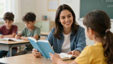 Uma professora sorridente em uma sala de aula colorida, ajudando uma criança a ler um livro, com outros alunos engajados em atividades ao fundo.