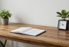 Uma representação artística de uma mesa de trabalho organizada e minimalista com uma planta, um notebook aberto e um relógio, transmitindo foco, produtividade e serenidade.