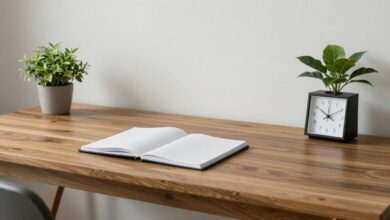 Uma representação artística de uma mesa de trabalho organizada e minimalista com uma planta, um notebook aberto e um relógio, transmitindo foco, produtividade e serenidade.