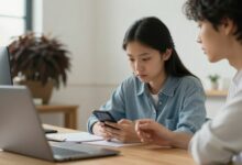 Uma pessoa sentada em uma mesa de trabalho limpa e organizada, olhando pela janela com uma expressão focada, enquanto seu smartphone está virado para baixo e afastado, simbolizando um ambiente livre de distrações digitais.
