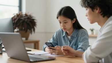 Uma pessoa sentada em uma mesa de trabalho limpa e organizada, olhando pela janela com uma expressão focada, enquanto seu smartphone está virado para baixo e afastado, simbolizando um ambiente livre de distrações digitais.