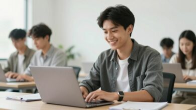 Um jovem profissional sorrindo, sentado em um escritório moderno e iluminado, trabalhando em um laptop, simbolizando o início de uma carreira promissora.