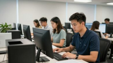 Equipe trabalhando em escritórios modernos, organizando arquivos e utilizando computadores em um ambiente colaborativo