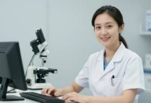 Uma enfermeira profissional e sorridente, vestindo um uniforme limpo e moderno em um ambiente hospitalar tecnológico e iluminado, transmitindo competência e cuidado.