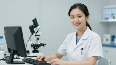 Uma enfermeira profissional e sorridente, vestindo um uniforme limpo e moderno em um ambiente hospitalar tecnológico e iluminado, transmitindo competência e cuidado.