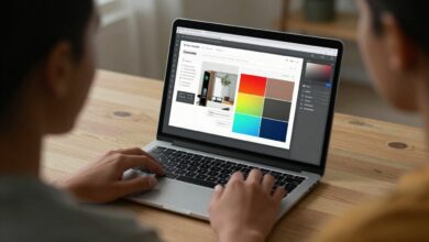 Um designer gráfico trabalhando em um tablet digital em uma mesa moderna, com paletas de cores e esboços de design flutuando holograficamente ao seu redor.