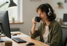 Uma pessoa produtiva e serena tomando café em um ambiente iluminado e organizado pela manhã, transmitindo paz e foco.