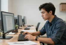 Profissional moderno focado e produtivo em um escritório organizado e iluminado