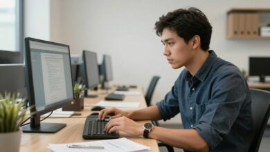 Profissional moderno focado e produtivo em um escritório organizado e iluminado