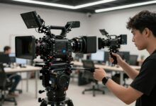 Uma câmera de cinema profissional em um estúdio moderno, focada na luz, simbolizando a excelência na criação de conteúdo audiovisual.