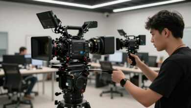 Uma câmera de cinema profissional em um estúdio moderno, focada na luz, simbolizando a excelência na criação de conteúdo audiovisual.