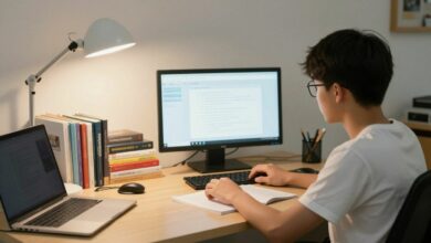 Um estudante focado em uma mesa organizada com livros e luz natural