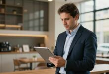 Uma imagem profissional e inspiradora de um corretor de imóveis moderno, demonstrando confiança com tablet em um ambiente elegante com arquitetura urbana ao fundo.