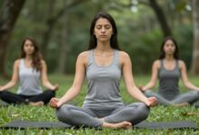 Uma pessoa equilibrada meditando em um ambiente calmo e natural, transmitindo paz, saúde mental e harmonia.